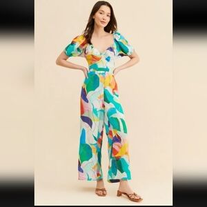 Anthropologie Ranna Gill, Tie-Back Cutout Jumpsuit, Blu Motif, Size XS
